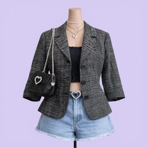 Vintage Coldwater Creek Black White Striped Blazer 3/4 Sleeve Size M Officecore